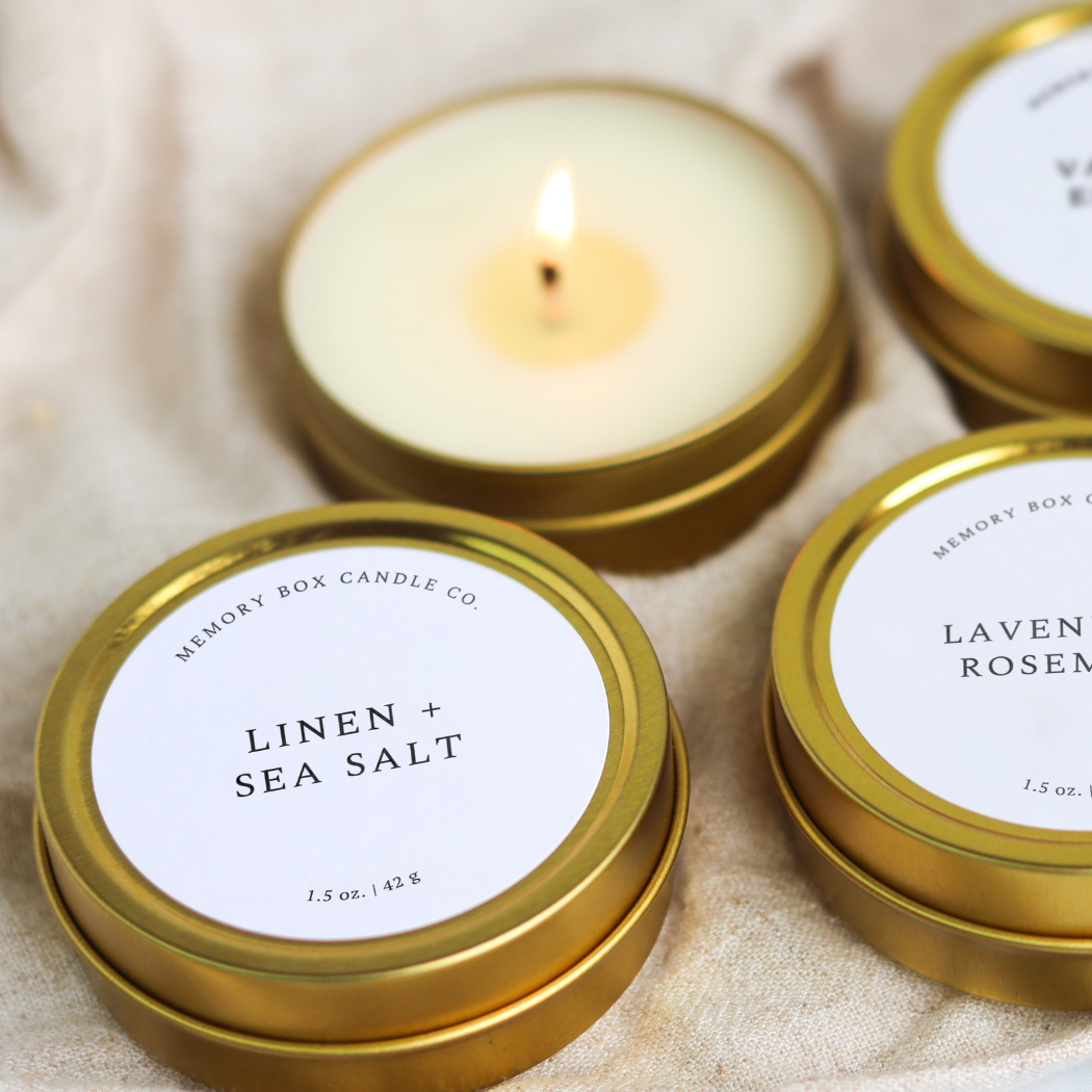 Linen + Sea Salt - 1.5 oz. Gold Tin Soy Candle