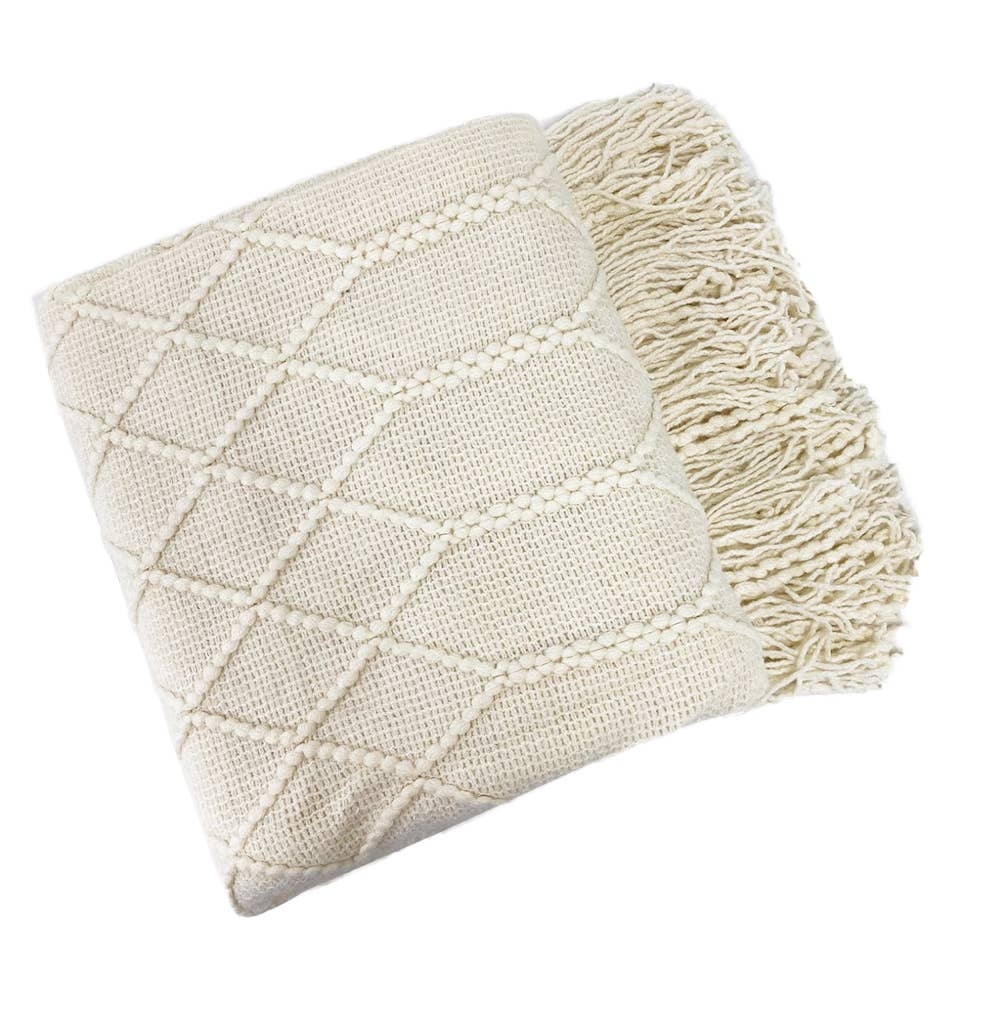 Rhombus Diamond Knit 50x60 Inch Throw Ivory