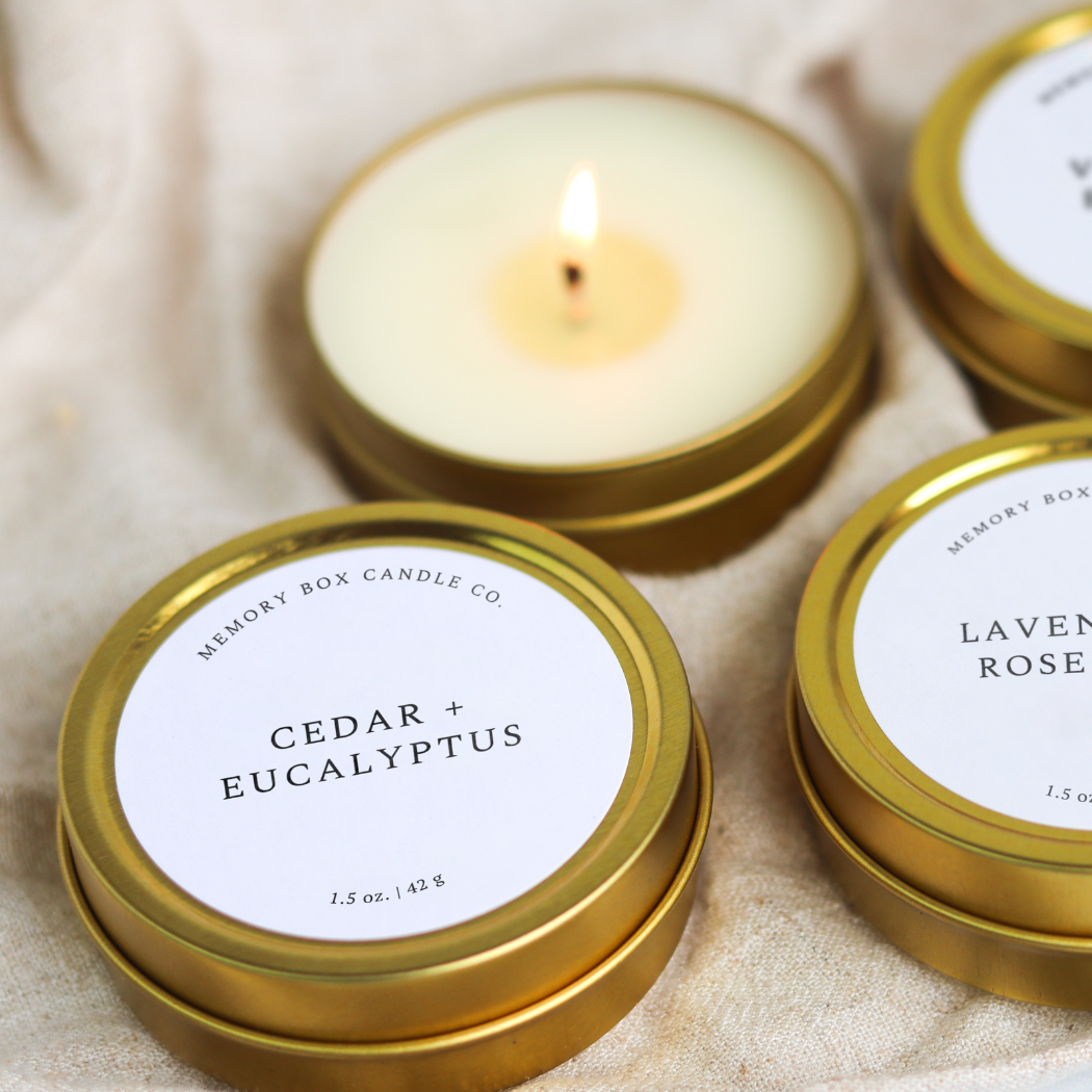 Cedar + Eucalyptus - 1.5 oz. Gold Tin Soy Candle