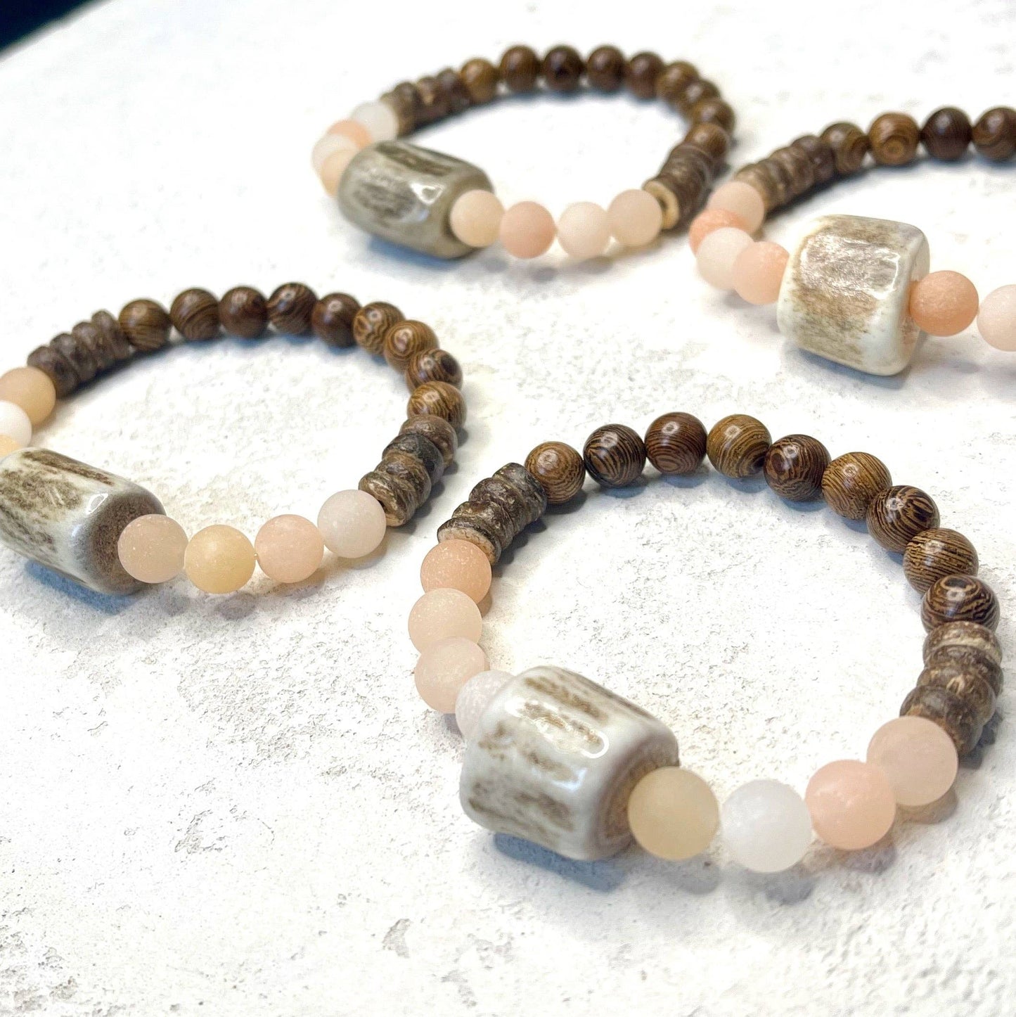 Deer Antler Bead + Gemstone Bracelet. 7 Gemstone options: Pink Moonstone